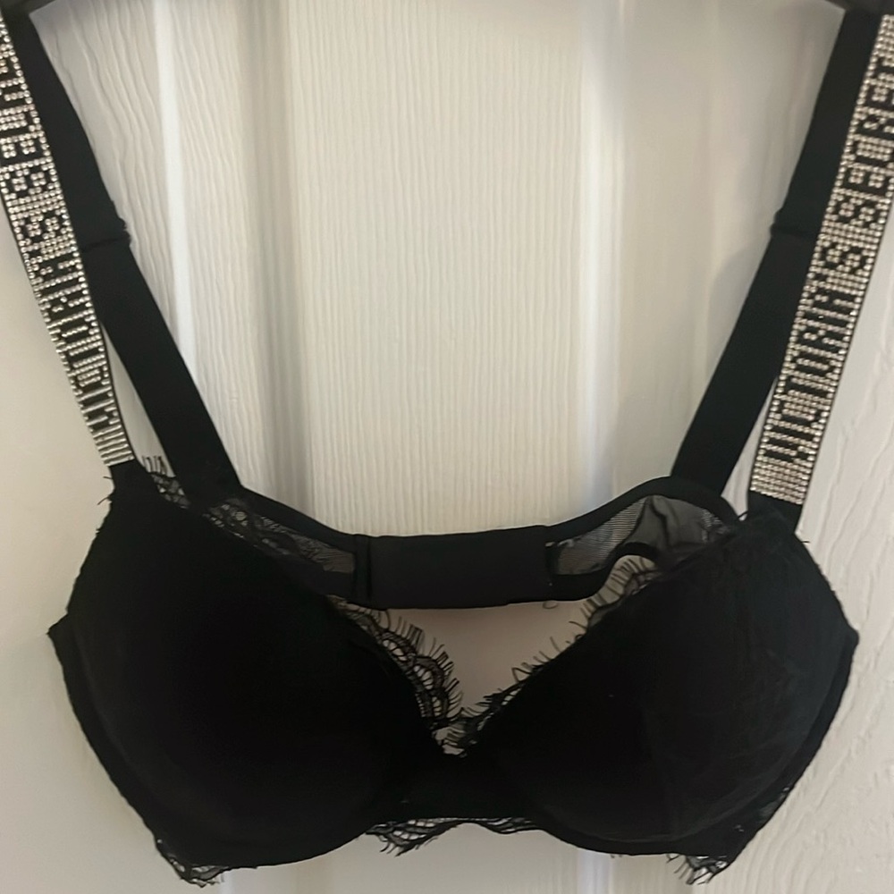 Victoria’s Secret Black lace bra with strap crystal embellishment size 34B